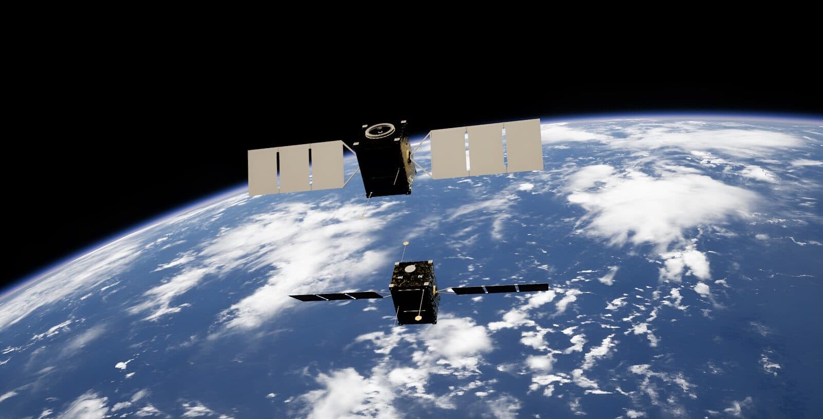 Two satellites with solar panels orbiting above the blue Earth with white clouds